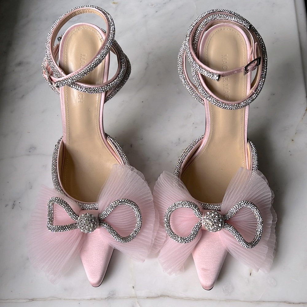 Mach & Mach pink satin ruffle bow Swarovski crystal pumps